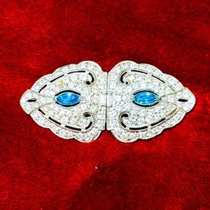 Vintage Clear Rhinestone Duette Brooch and Dress Clip w/ Aqua Accents